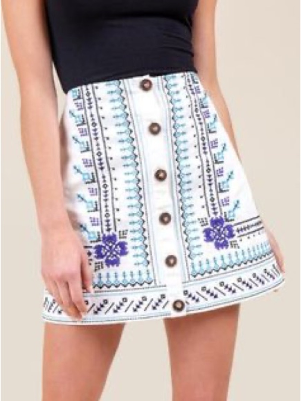 Blue Rain White Mini Skirt with Blue & Purple Embroidery